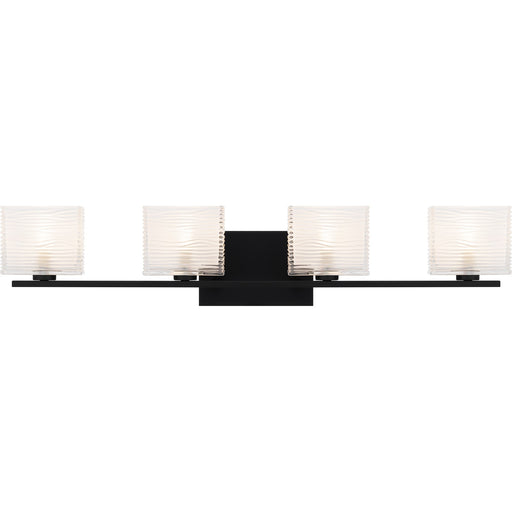 Quoizel Westcap 32in 4-Light Vanity Light | Modern Matte Black and Clear Sandblasted Glass | Bathroom Vanity | 32 x 5 x 6.75 in | Model WCP8604MBK