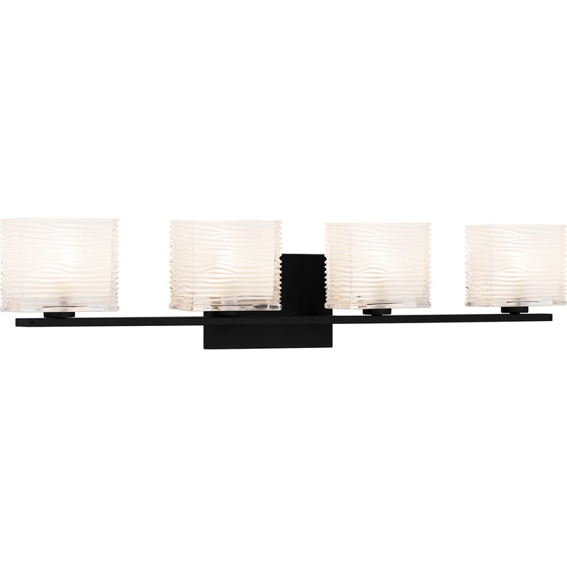 Quoizel Westcap 32in 4-Light Vanity Light | Modern Matte Black and Clear Sandblasted Glass | Bathroom Vanity | 32 x 5 x 6.75 in | Model WCP8604MBK