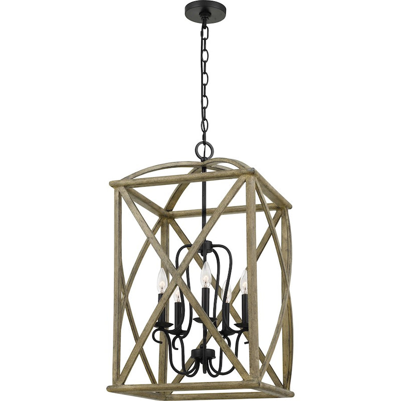 Quoizel Woodhaven 5 Light Foyer Piece, Distressed Weathered Oak