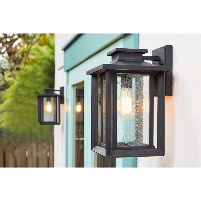 Quoizel Wakefield 9in 1-Light Outdoor Wall Lantern | Coastal Earth Black and Clear Seedy Glass | Entryway & Porch | Model WKF8409EK