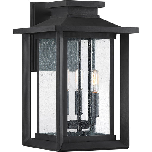 Quoizel Wakefield 11in 3-Light Outdoor Wall Lantern | Coastal Earth Black and Clear Seedy Glass | Entryway & Porch | Model WKF8411EK