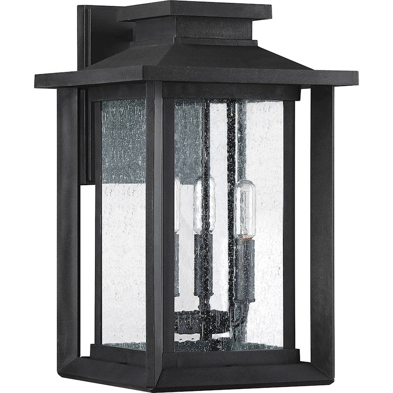 Quoizel Wakefield 11in 3-Light Outdoor Wall Lantern | Coastal Earth Black and Clear Seedy Glass | Entryway & Porch | Model WKF8411EK