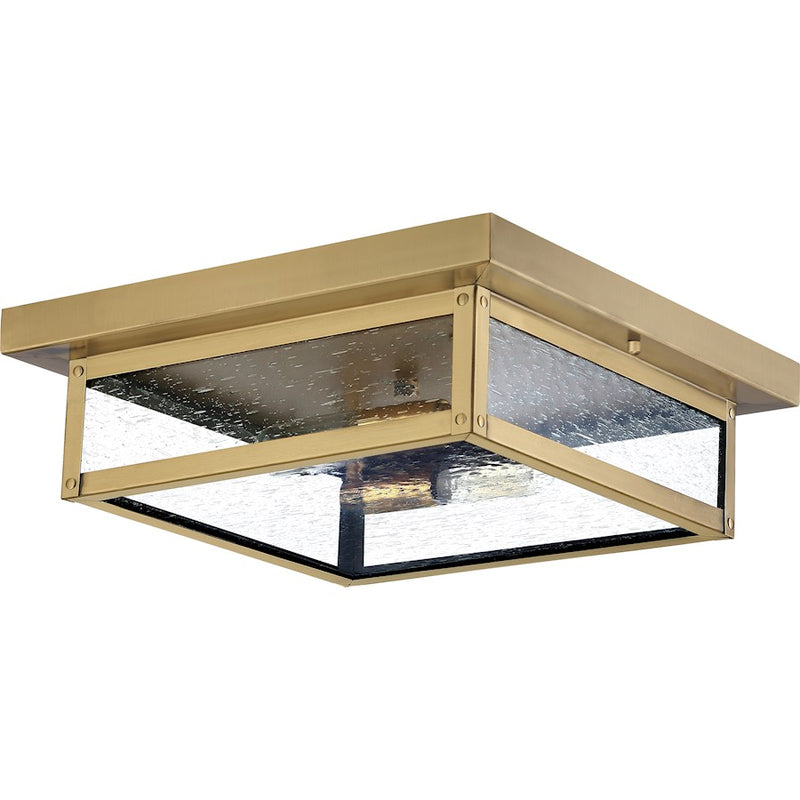 Quoizel Westover 12in 2-Light Outdoor Flush Mount | Modern Industrial Antique Brass and Clear Seedy Glass | Covered Porch & Entryway | Model WVR1612A