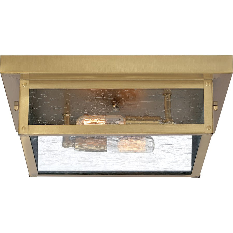 Quoizel Westover 12in 2-Light Outdoor Flush Mount | Modern Industrial Antique Brass and Clear Seedy Glass | Covered Porch & Entryway | Model WVR1612A