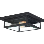 Quoizel Westover 12in 2-Light Outdoor Flush Mount | Modern Industrial Earth Black and Clear Beveled Glass | Covered Porch | Model WVR1612EK