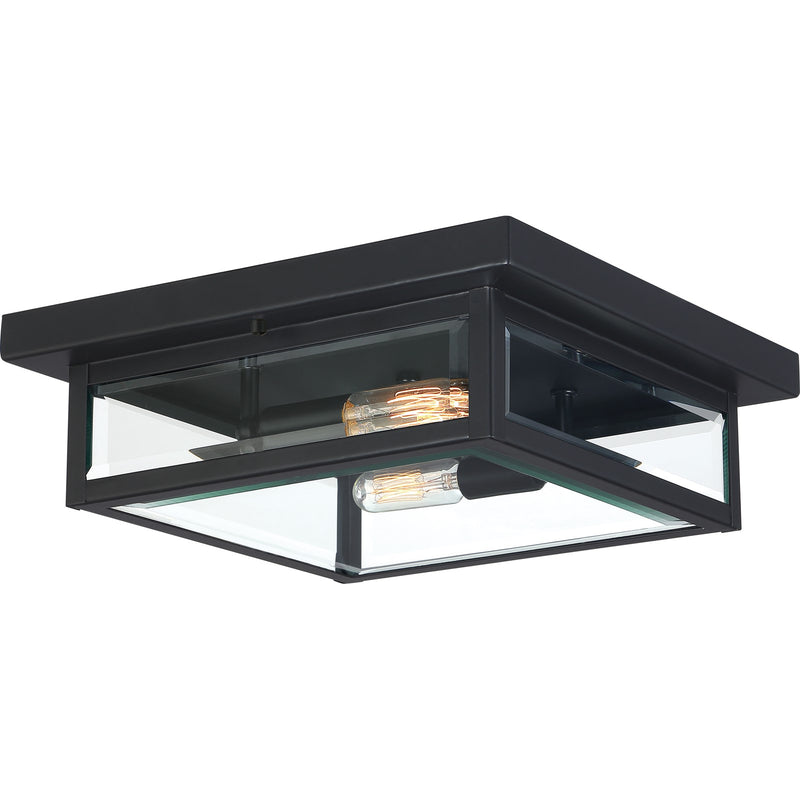 Quoizel Westover 12in 2-Light Outdoor Flush Mount | Modern Industrial Earth Black and Clear Beveled Glass | Covered Porch | Model WVR1612EK