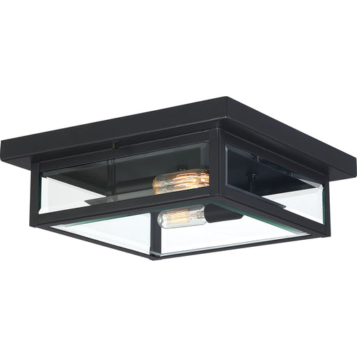 Quoizel Westover 12in 2-Light Outdoor Flush Mount | Modern Industrial Earth Black and Clear Beveled Glass | Covered Porch | Model WVR1612EK