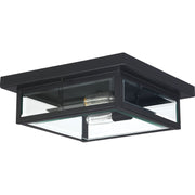 Quoizel Westover 12in 2-Light Outdoor Flush Mount | Modern Industrial Earth Black and Clear Beveled Glass | Covered Porch | Model WVR1612EK