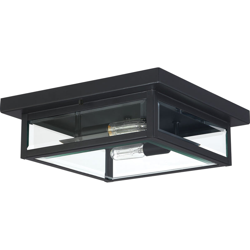 Quoizel Westover 12in 2-Light Outdoor Flush Mount | Modern Industrial Earth Black and Clear Beveled Glass | Covered Porch | Model WVR1612EK