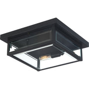 Quoizel Westover 12in 2-Light Outdoor Flush Mount | Modern Industrial Earth Black and Clear Beveled Glass | Covered Porch | Model WVR1612EK