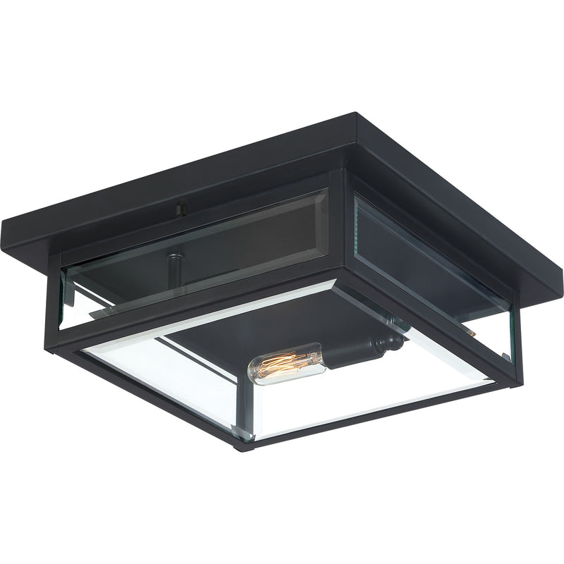 Quoizel Westover 12in 2-Light Outdoor Flush Mount | Modern Industrial Earth Black and Clear Beveled Glass | Covered Porch | Model WVR1612EK
