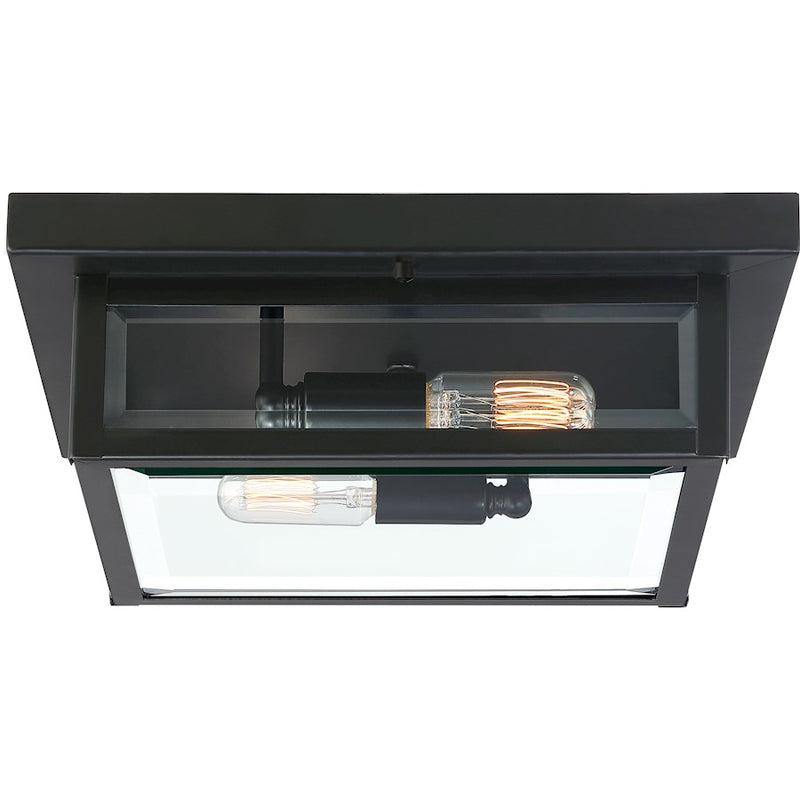 Quoizel Westover 12in 2-Light Outdoor Flush Mount | Modern Industrial Earth Black and Clear Beveled Glass | Covered Porch | Model WVR1612EK