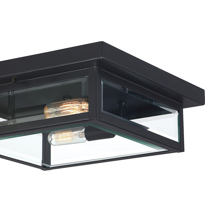 Quoizel Westover 12in 2-Light Outdoor Flush Mount | Modern Industrial Earth Black and Clear Beveled Glass | Covered Porch | Model WVR1612EK