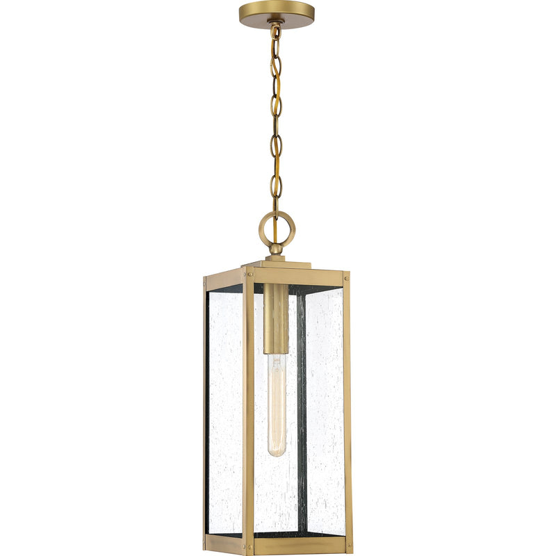 Quoizel Westover 21in 1-Light Outdoor Pendant | Industrial Antique Brass and Clear Seedy Glass | Covered Porch & Entryway | Model WVR1907A