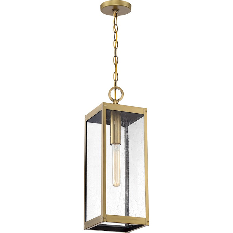 Quoizel Westover 21in 1-Light Outdoor Pendant | Industrial Antique Brass and Clear Seedy Glass | Covered Porch & Entryway | Model WVR1907A