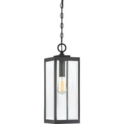 Quoizel Westover 21in 1-Light Outdoor Pendant | Industrial Earth Black and Clear Beveled Glass | Covered Porch & Entryway | Model WVR1907EK