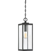 Quoizel Westover 21in 1-Light Outdoor Pendant | Industrial Earth Black and Clear Beveled Glass | Covered Porch & Entryway | Model WVR1907EK