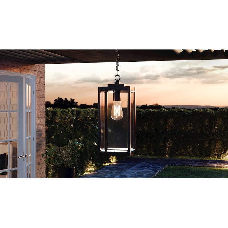 Quoizel Westover 21in 1-Light Outdoor Pendant | Industrial Earth Black and Clear Beveled Glass | Covered Porch & Entryway | Model WVR1907EK