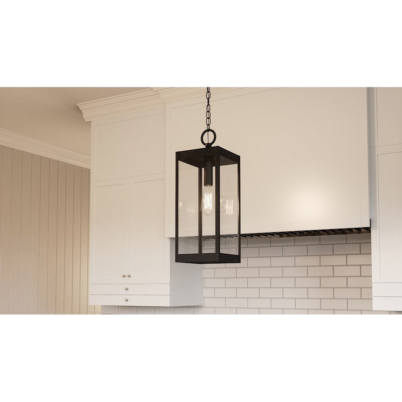 Quoizel Westover 21in 1-Light Outdoor Pendant | Industrial Earth Black and Clear Beveled Glass | Covered Porch & Entryway | Model WVR1907EK