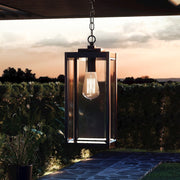 Quoizel Westover 21in 1-Light Outdoor Pendant | Industrial Earth Black and Clear Beveled Glass | Covered Porch & Entryway | Model WVR1907EK