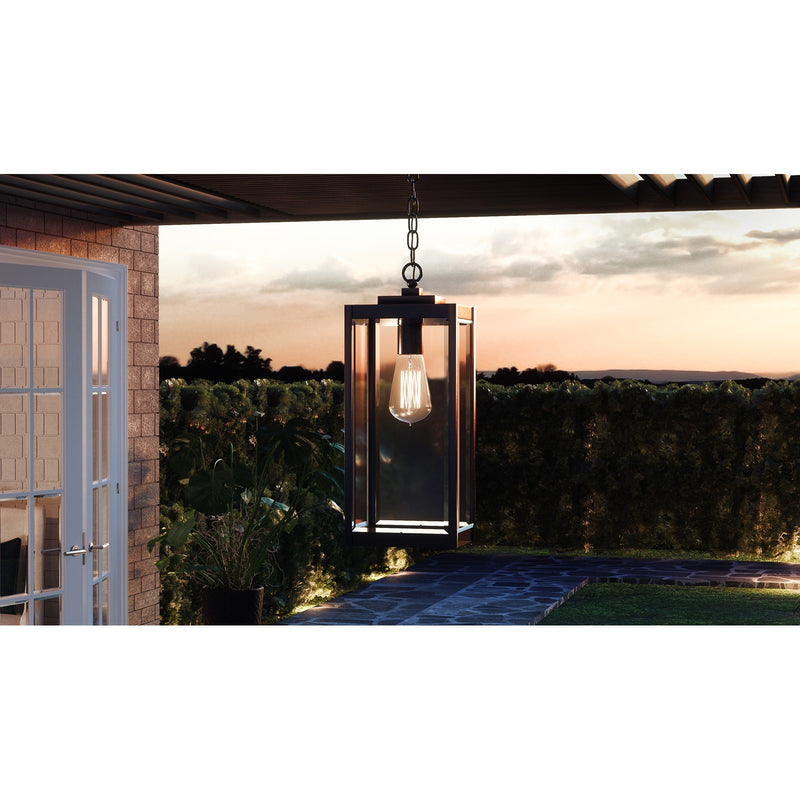 Quoizel Westover 21in 1-Light Outdoor Pendant | Industrial Earth Black and Clear Beveled Glass | Covered Porch & Entryway | Model WVR1907EK