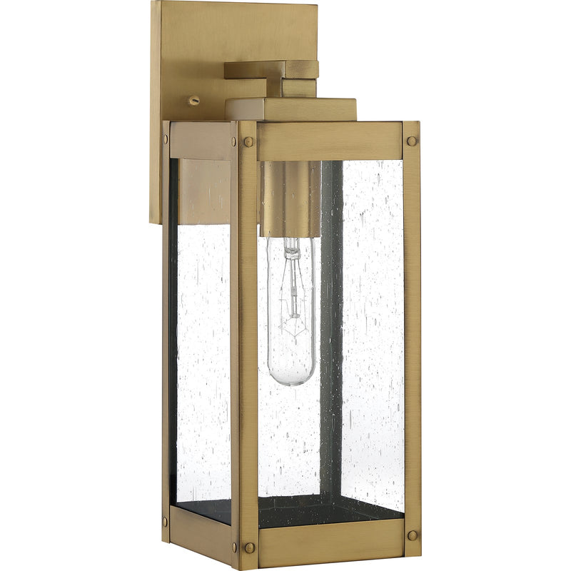 Quoizel Westover 14in 1-Light Outdoor Wall Lantern | Modern Industrial Antique Brass and Clear Seedy Glass | Front Door & Porch | Model WVR8405A