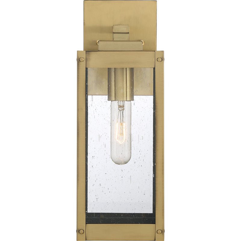 Quoizel Westover 14in 1-Light Outdoor Wall Lantern | Modern Industrial Antique Brass and Clear Seedy Glass | Front Door & Porch | Model WVR8405A