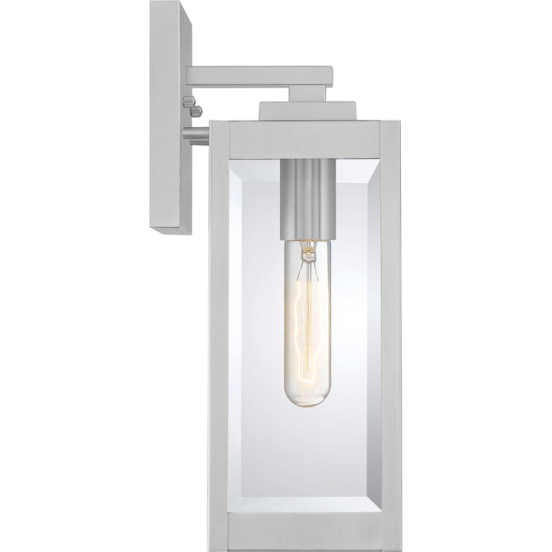 Quoizel Westover 5in 1-Light Outdoor Wall Lantern | Modern Industrial Stainless Steel and Clear Beveled Glass | Front Door & Porch | Model WVR8405SS