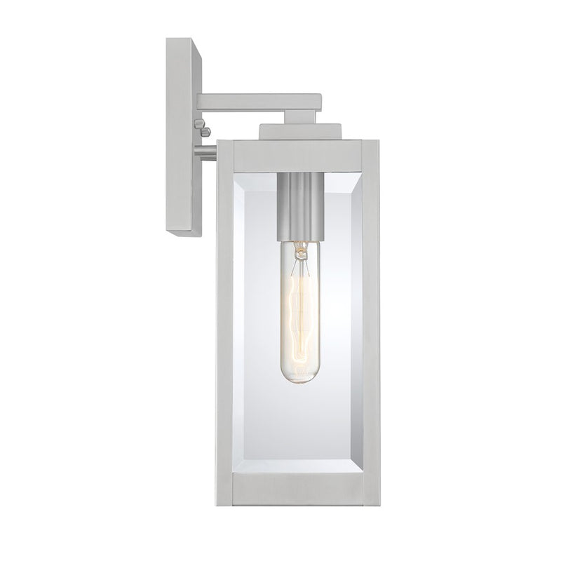 Quoizel Westover 5in 1-Light Outdoor Wall Lantern | Modern Industrial Stainless Steel and Clear Beveled Glass | Front Door & Porch | Model WVR8405SS