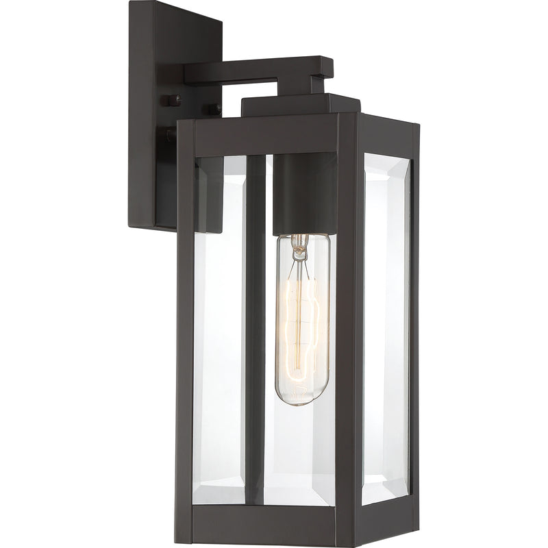 Quoizel Westover 5in 1-Light Outdoor Wall Lantern | Modern Industrial Western Bronze and Clear Beveled Glass | Front Door & Porch | Model WVR8405WT