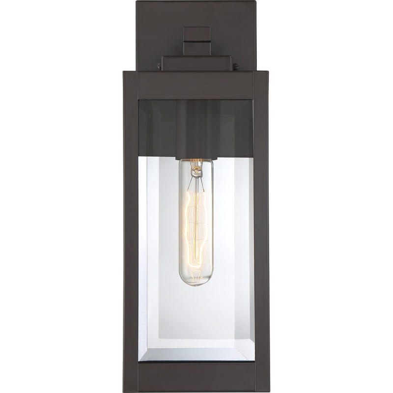 Quoizel Westover 5in 1-Light Outdoor Wall Lantern | Modern Industrial Western Bronze and Clear Beveled Glass | Front Door & Porch | Model WVR8405WT