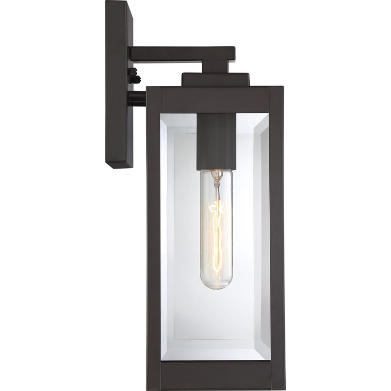 Quoizel Westover 5in 1-Light Outdoor Wall Lantern | Modern Industrial Western Bronze and Clear Beveled Glass | Front Door & Porch | Model WVR8405WT