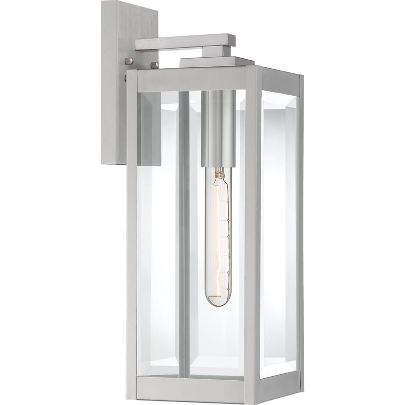 Quoizel Westover 17in 1-Light Outdoor Wall Lantern | Modern Industrial Stainless Steel and Clear Beveled Glass | Front Door & Porch | Model WVR8406SS