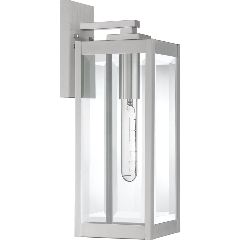 Quoizel Westover 17in 1-Light Outdoor Wall Lantern | Modern Industrial Stainless Steel and Clear Beveled Glass | Front Door & Porch | Model WVR8406SS