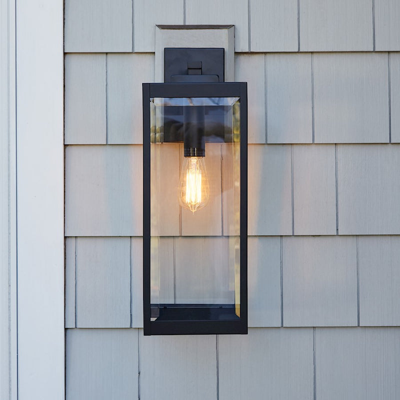 Quoizel Westover 20in 1-Light Outdoor Wall Lantern | Modern Industrial Earth Black and Clear Beveled Glass | Front Door & Porch | Model WVR8407EK