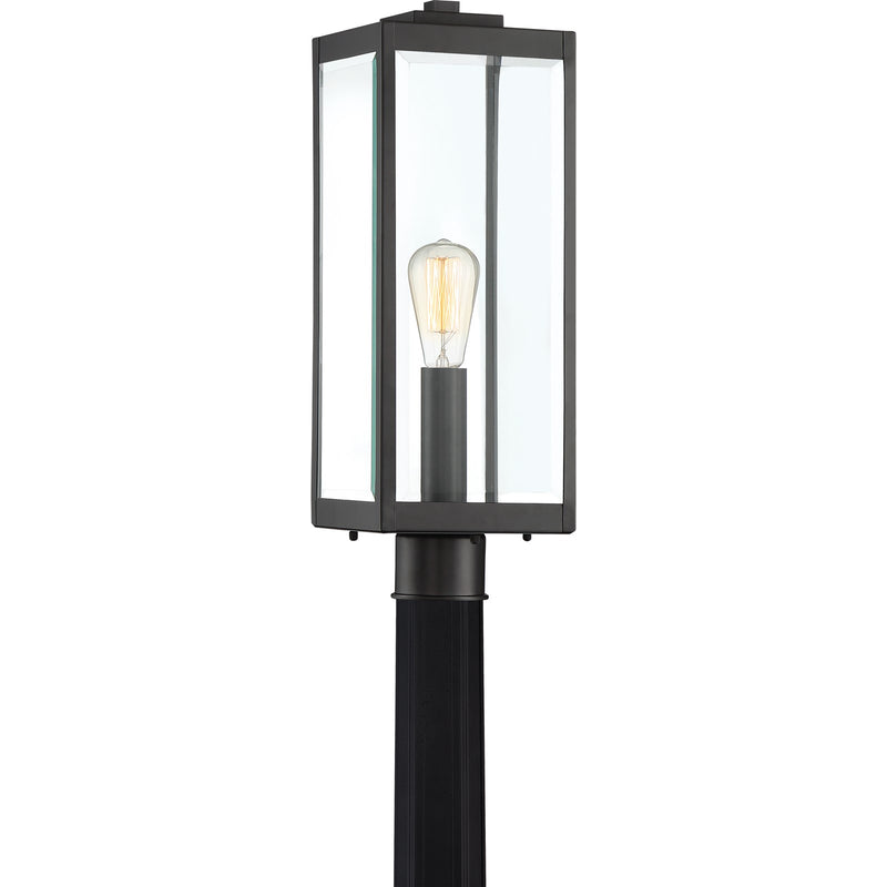 Quoizel Westover 20in 1-Light Outdoor Post Lantern | Modern Industrial Earth Black and Clear Beveled Glass | Driveway & Walkway | Model WVR9007EK