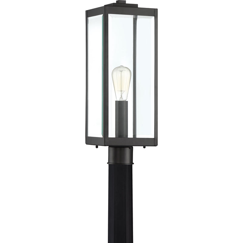 Quoizel Westover 20in 1-Light Outdoor Post Lantern | Modern Industrial Earth Black and Clear Beveled Glass | Driveway & Walkway | Model WVR9007EK