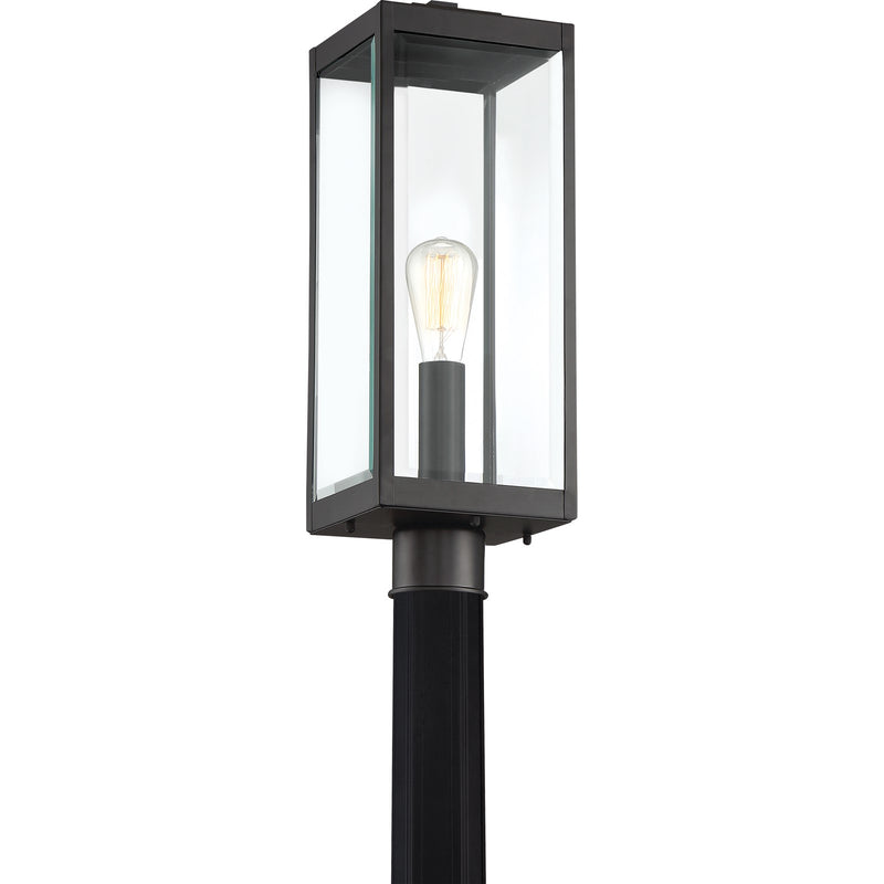 Quoizel Westover 20in 1-Light Outdoor Post Lantern | Modern Industrial Earth Black and Clear Beveled Glass | Driveway & Walkway | Model WVR9007EK