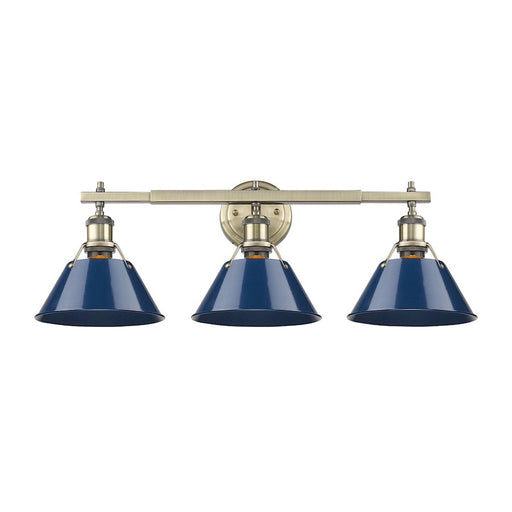 OPEN BOX ITEM: Golden Orwell 3-Lt Bath Vanity, Brass/Navy Shade