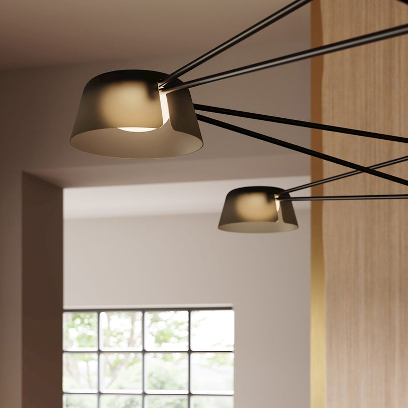 Sonneman Ray 6 Light Rectangle Chandelier, Satin Black/Smoked Etched