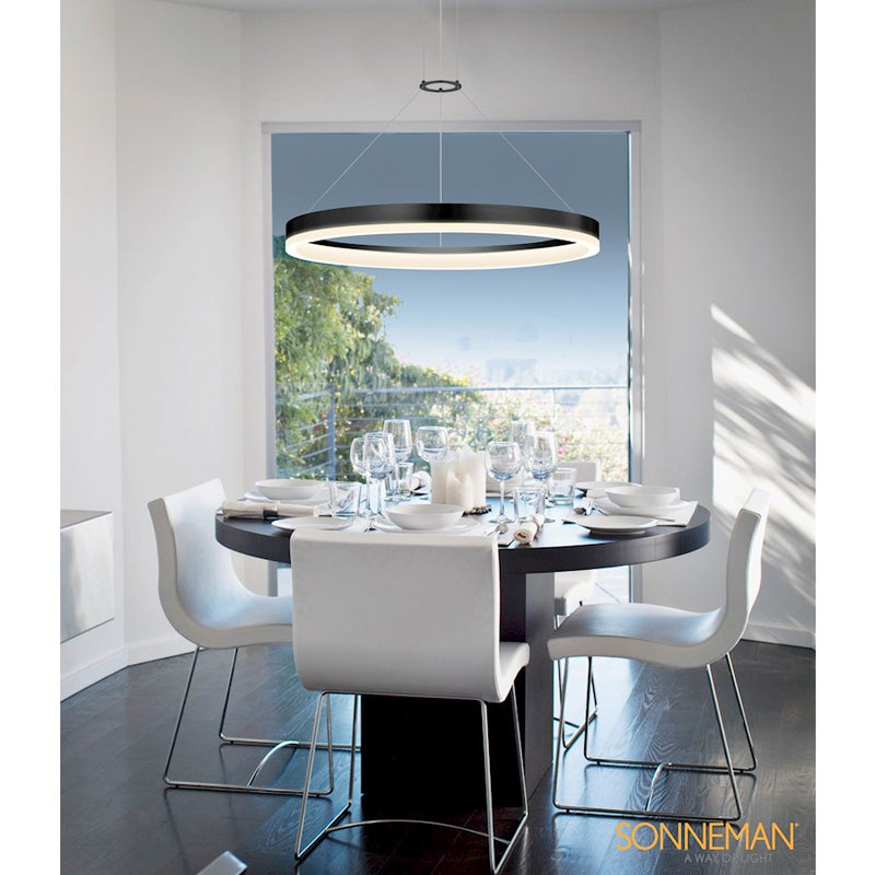 Sonneman Corona 1 Light LED Ring 16" Pendant, Satin Black/Frosted