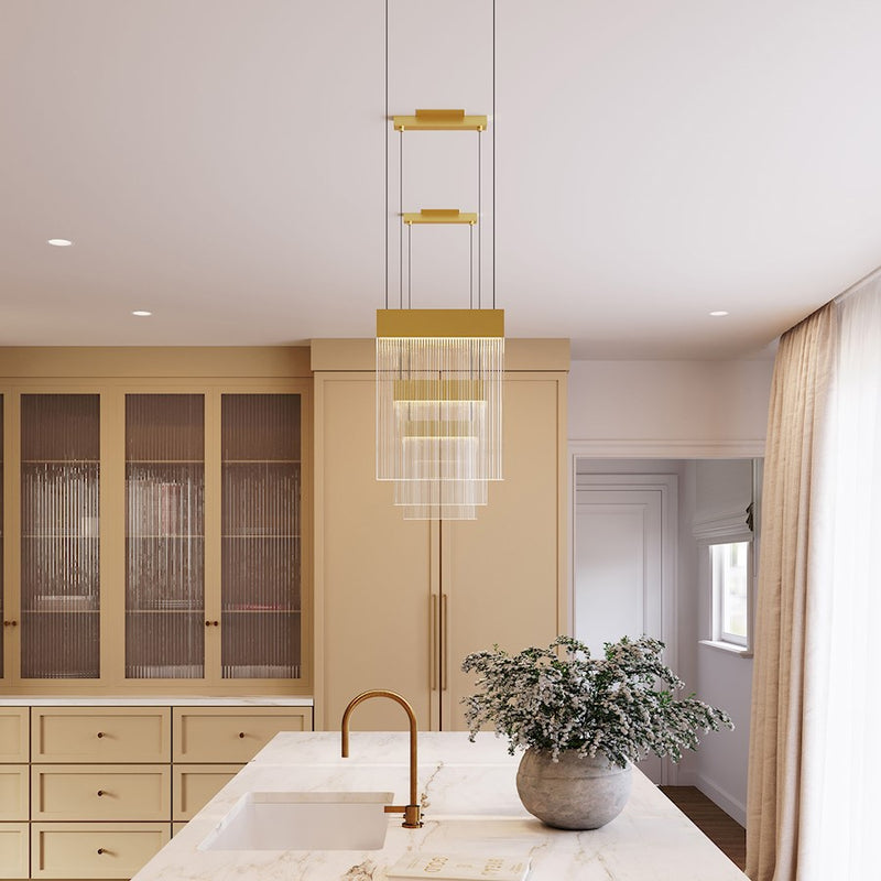 Sonneman V Panels 1 Light Pendant, Brass/Clear