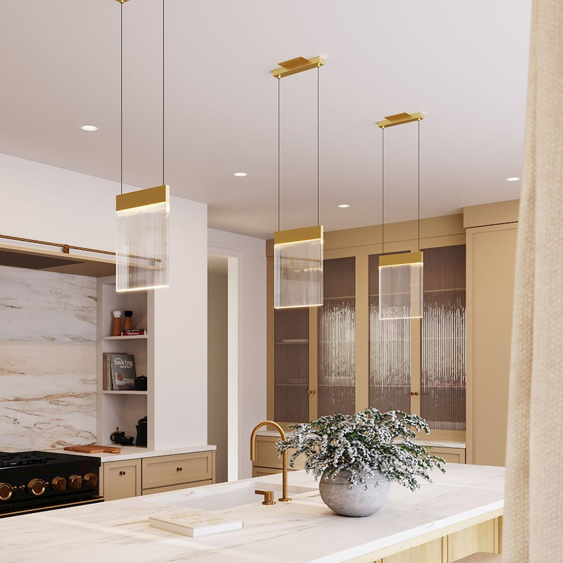 Sonneman V Panels 1 Light Pendant, Brass/Clear