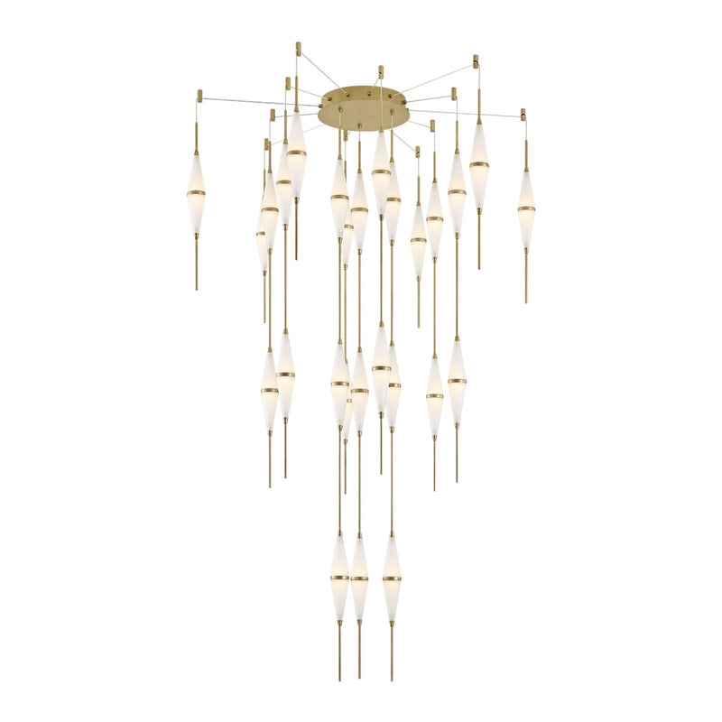 Sonneman Cygnus 44in 27-Light Chandelier | Modern Brass and Etched Matte Acrylic | Foyer & Stairwell | 44.25 x 69.5 in | Model 7717-39-MB