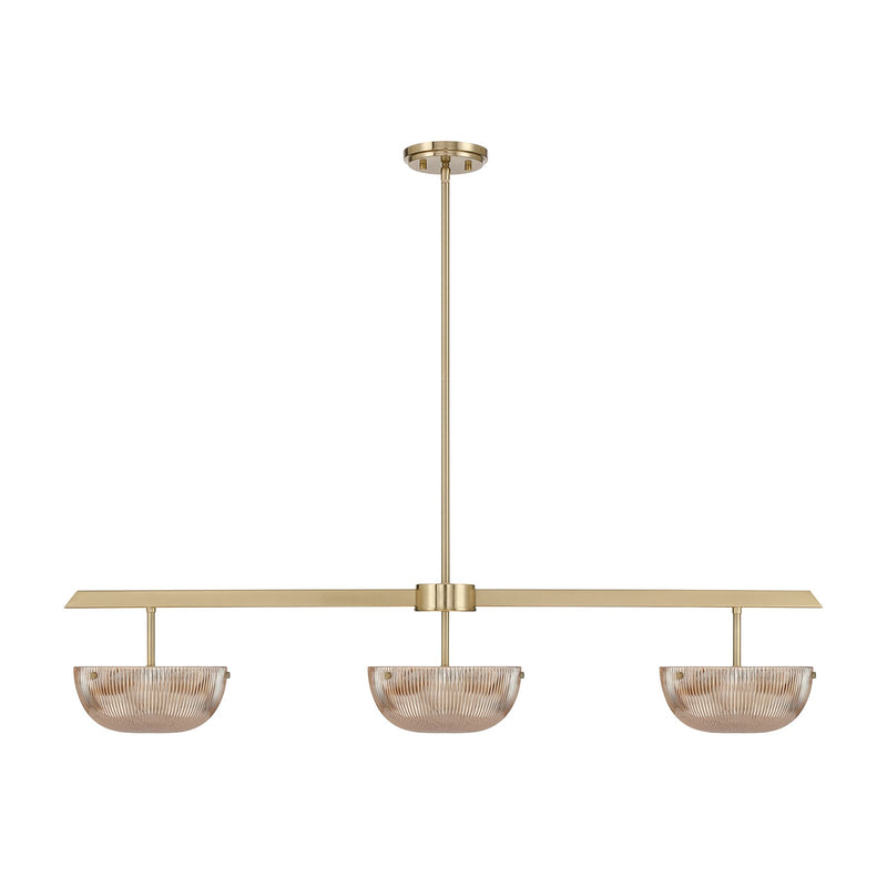 Savoy House Hubbard 44in 3-Light LED Linear Chandelier | Minimalist Noble Brass and Champagne Ribbed Glass | Kitchen Island & Dining | Model 1-1250-3-127