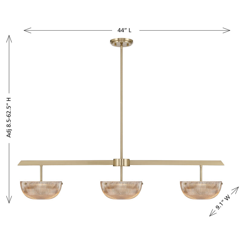 Savoy House Hubbard 44in 3-Light LED Linear Chandelier | Minimalist Noble Brass and Champagne Ribbed Glass | Kitchen Island & Dining | Model 1-1250-3-127