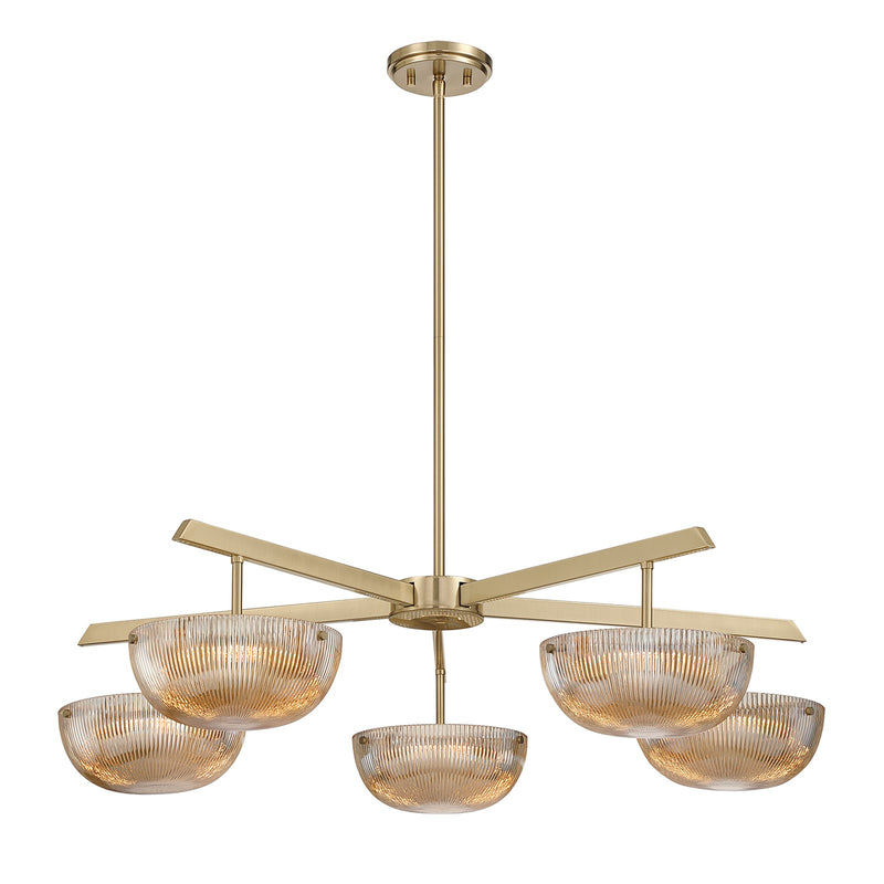 Savoy House Hubbard 38in 5-Light LED Chandelier | Minimalist Noble Brass and Champagne Ribbed Glass | Dining Room & Foyer | 38 x 38 | Model 1-1252-5-127