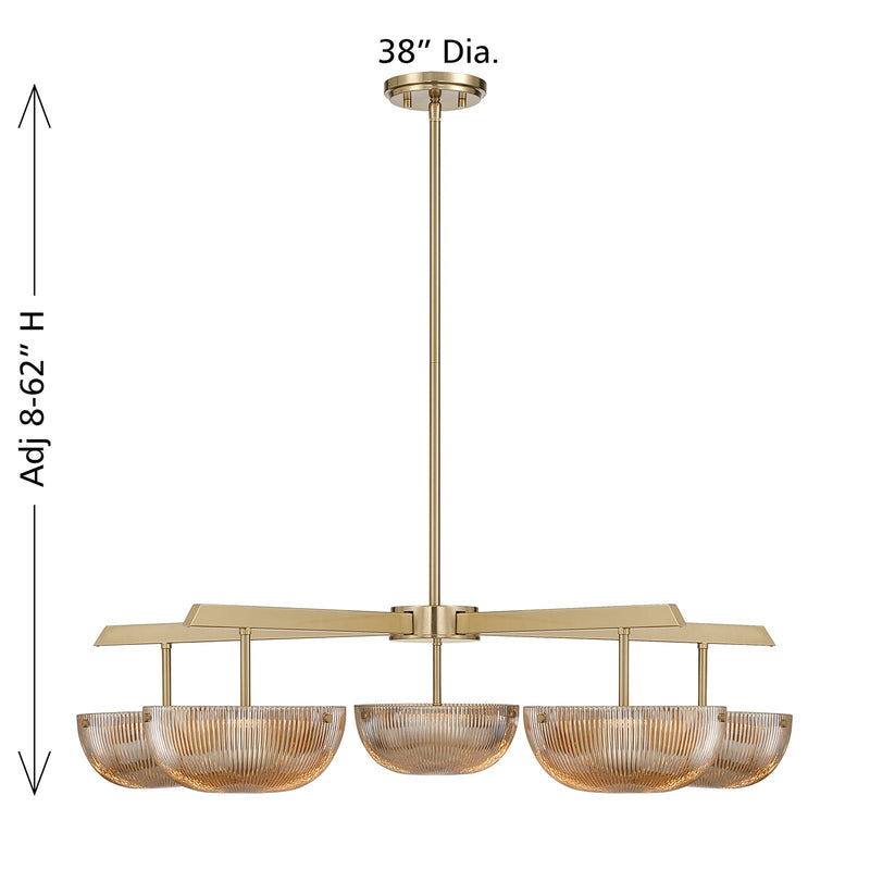 Savoy House Hubbard 38in 5-Light LED Chandelier | Minimalist Noble Brass and Champagne Ribbed Glass | Dining Room & Foyer | 38 x 38 | Model 1-1252-5-127