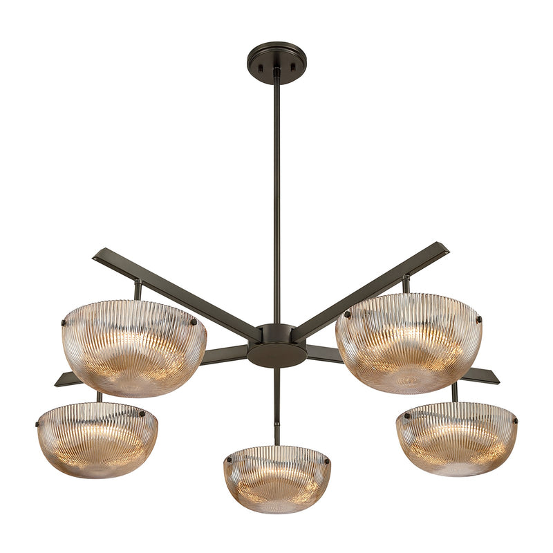 Savoy House Hubbard 38in 5-Light LED Chandelier | Minimalist Mediterranean Bronze and Champagne Ribbed Glass | Dining Room & Living | Model 1-1252-5-15