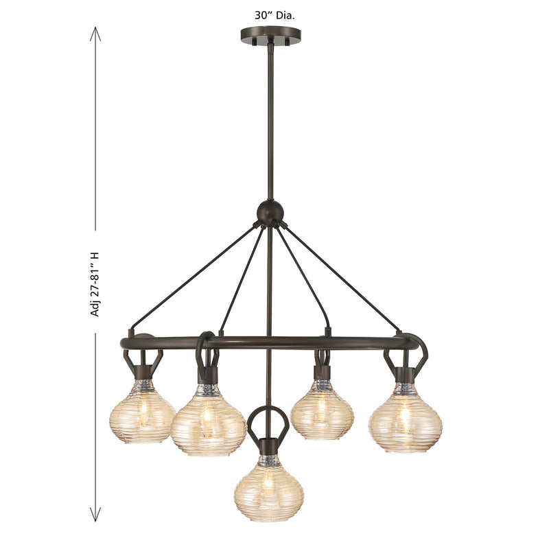 Savoy House Sheriden 30in 5-Light Chandelier | Artisanal Modern Mediterranean Bronze Metal and Bronze Rippled Glass | Dining Room & | Model 1-2276-5-15